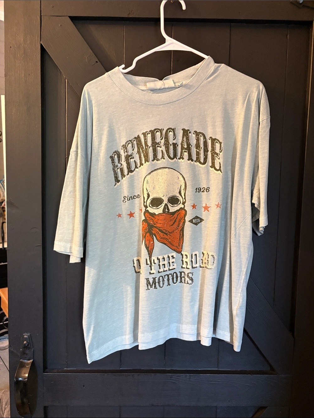 No Boundaries Light Blue Skull Graphic Tee with Orange Bandana